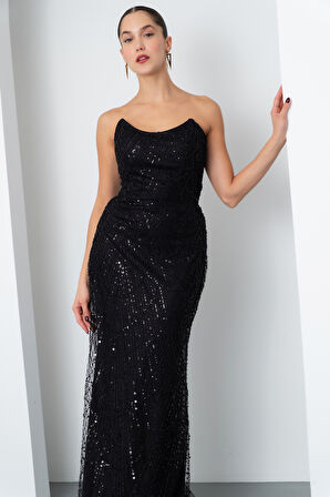 Kadın Siyah Straplez Boncuklu Uzun Balık Abiye Elbise