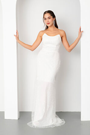 Kadın Beyaz Straplez Boncuklu Uzun Balık Abiye Elbise