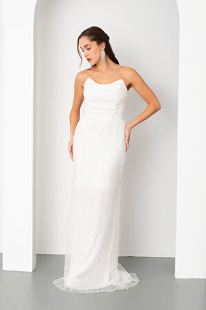 Kadın Beyaz Straplez Boncuklu Uzun Balık Abiye Elbise