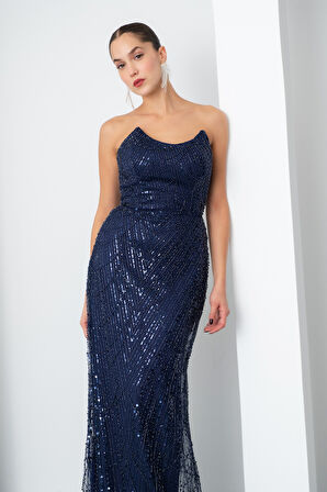 Kadın Lacivert Straplez Boncuklu Uzun Balık Abiye Elbise