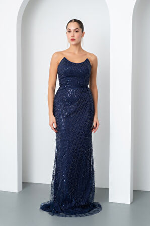 Kadın Lacivert Straplez Boncuklu Uzun Balık Abiye Elbise