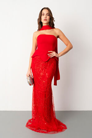 Kadın Kırmızı Straplez Taşlı Uzun Balık Abiye