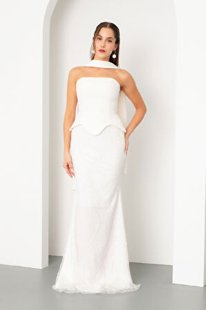 Kadın Beyaz Straplez Taşlı Uzun Balık Abiye