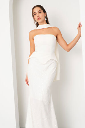 Kadın Beyaz Straplez Taşlı Uzun Balık Abiye