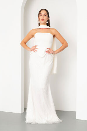 Kadın Beyaz Straplez Taşlı Uzun Balık Abiye