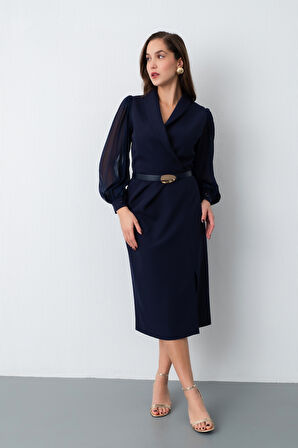 Kadın Lacivert Kemerli Midi Abiye Elbise