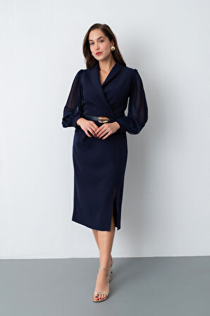 Kadın Lacivert Kemerli Midi Abiye Elbise