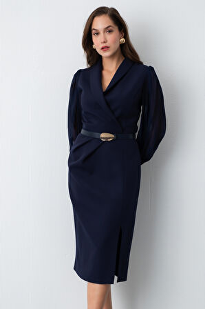 Kadın Lacivert Kemerli Midi Abiye Elbise