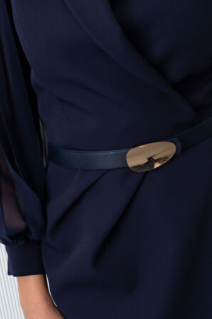 Kadın Lacivert Kemerli Midi Abiye Elbise