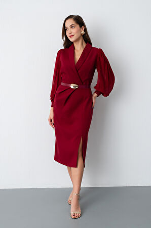 Kadın Bordo Kemerli Midi Abiye Elbise