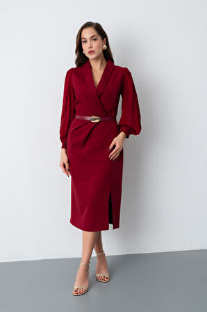 Kadın Bordo Kemerli Midi Abiye Elbise