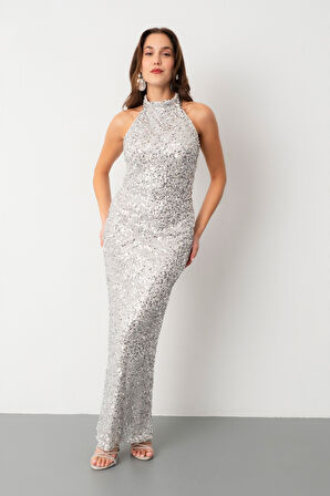 Kadın Gümüş Halter Yaka Pul Payet Uzun Abiye Elbise