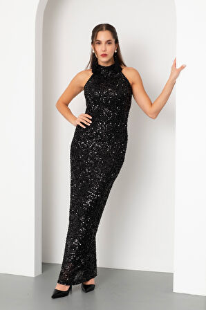 Kadın Siyah Halter Yaka Pul Payet Uzun Abiye Elbise