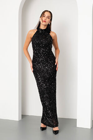 Kadın Siyah Halter Yaka Pul Payet Uzun Abiye Elbise