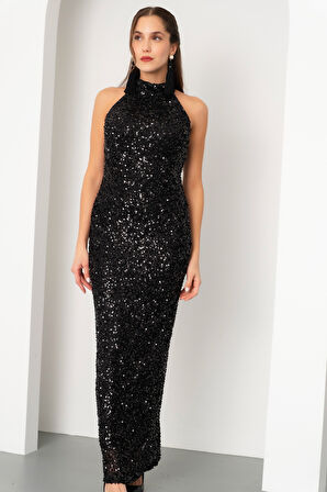 Kadın Siyah Halter Yaka Pul Payet Uzun Abiye Elbise