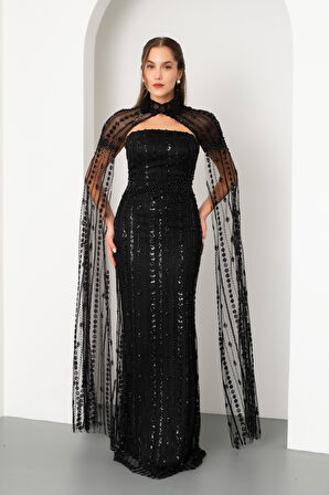 Kadın Siyah Şallı Uzun Kol Dik Yaka Boncuklu Uzun Abiye Elbise
