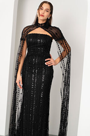 Kadın Siyah Şallı Uzun Kol Dik Yaka Boncuklu Uzun Abiye Elbise