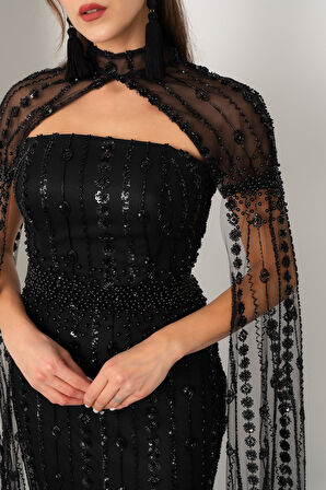 Kadın Siyah Şallı Uzun Kol Dik Yaka Boncuklu Uzun Abiye Elbise