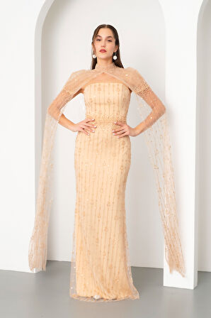 Kadın Gold Şallı Uzun Kol Dik Yaka Boncuklu Uzun Abiye Elbise