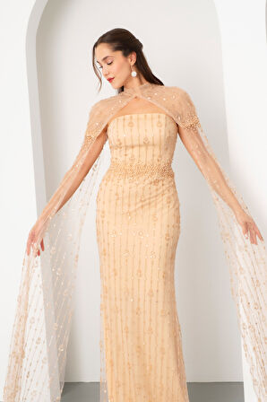 Kadın Gold Şallı Uzun Kol Dik Yaka Boncuklu Uzun Abiye Elbise