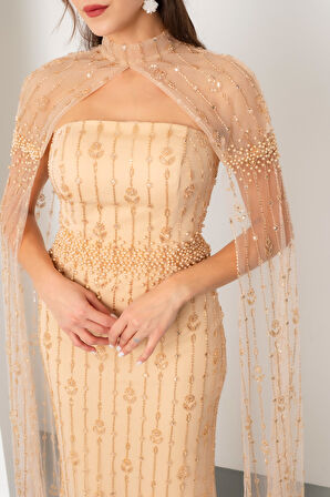 Kadın Gold Şallı Uzun Kol Dik Yaka Boncuklu Uzun Abiye Elbise