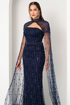 Kadın Lacivert Şallı Uzun Kol Dik Yaka Boncuklu Uzun Abiye Elbise