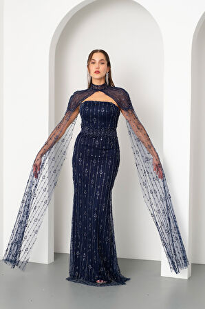 Kadın Lacivert Şallı Uzun Kol Dik Yaka Boncuklu Uzun Abiye Elbise