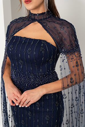 Kadın Lacivert Şallı Uzun Kol Dik Yaka Boncuklu Uzun Abiye Elbise