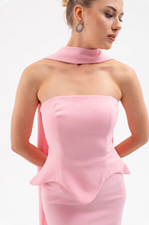 Kadın Pembe Şal Yaka Straplez Söz Nişan Balık Abiye Elbise