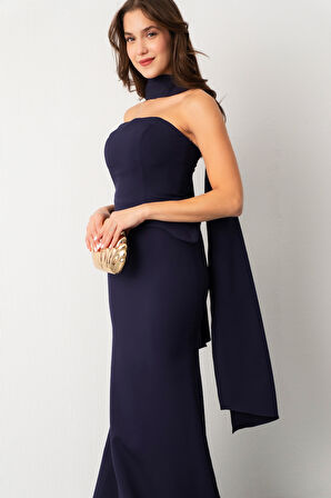 Kadın Lacivert Şal Yaka Straplez Söz Nişan Balık Abiye Elbise