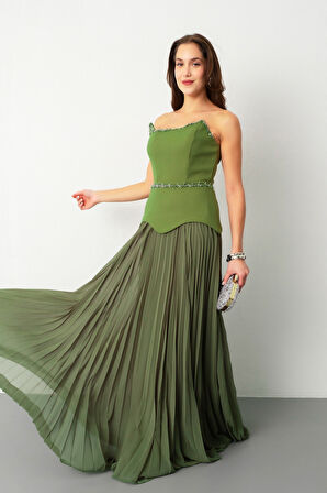 Kadın Haki Straplez Yaka Taşlı Piliseli Uzun Abiye Elbise