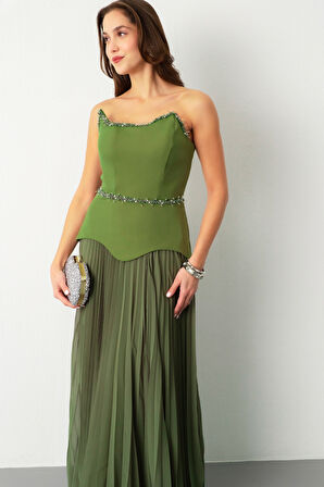 Kadın Haki Straplez Yaka Taşlı Piliseli Uzun Abiye Elbise