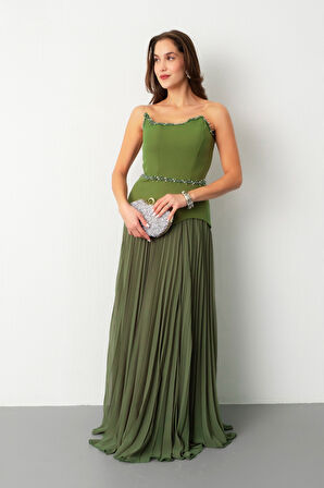 Kadın Haki Straplez Yaka Taşlı Piliseli Uzun Abiye Elbise