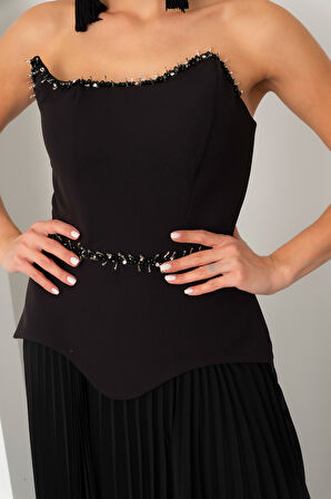 Kadın Siyah Straplez Yaka Taşlı Piliseli Uzun Abiye Elbise