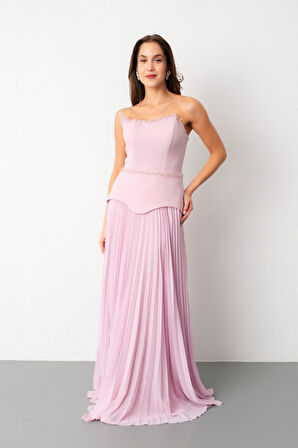 Kadın Pudra Straplez Yaka Taşlı Piliseli Uzun Abiye Elbise