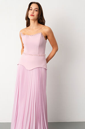 Kadın Pudra Straplez Yaka Taşlı Piliseli Uzun Abiye Elbise