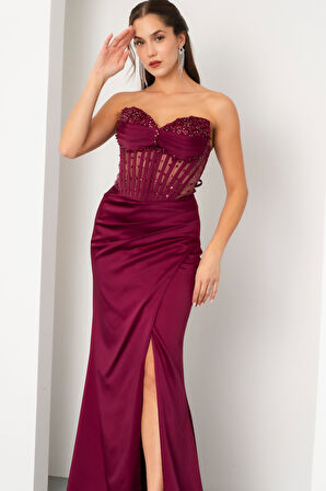 Kadın Mürdüm Straplez Boncuklu Uzun Saten Abiye Elbise