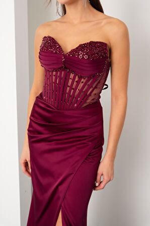 Kadın Mürdüm Straplez Boncuklu Uzun Saten Abiye Elbise