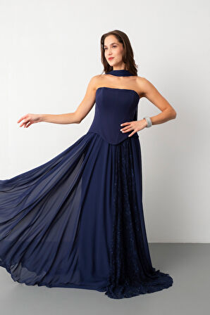 Kadın Lacivert Straplez Yaka Piliseli Dantel Detay Uzun Abiye Elbise