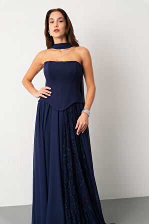 Kadın Lacivert Straplez Yaka Piliseli Dantel Detay Uzun Abiye Elbise