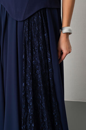 Kadın Lacivert Straplez Yaka Piliseli Dantel Detay Uzun Abiye Elbise