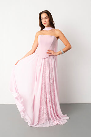 Kadın Pudra Straplez Yaka Piliseli Dantel Detay Uzun Abiye Elbise