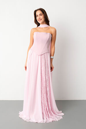 Kadın Pudra Straplez Yaka Piliseli Dantel Detay Uzun Abiye Elbise