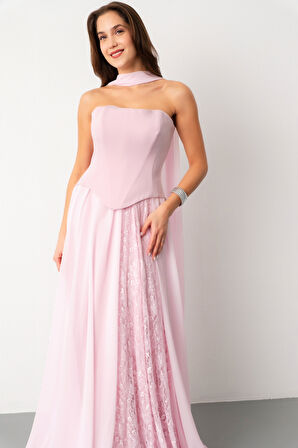 Kadın Pudra Straplez Yaka Piliseli Dantel Detay Uzun Abiye Elbise