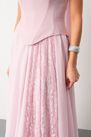 Kadın Pudra Straplez Yaka Piliseli Dantel Detay Uzun Abiye Elbise