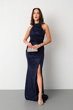 Kadın Lacivert Halter Yaka Yırtmaçlı Simli Uzun Abiye Elbise