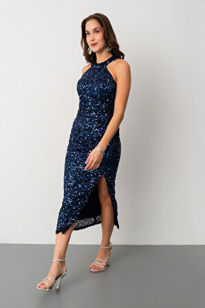 Kadın Lacivert Halter Yaka Payetli Abiye Elbise