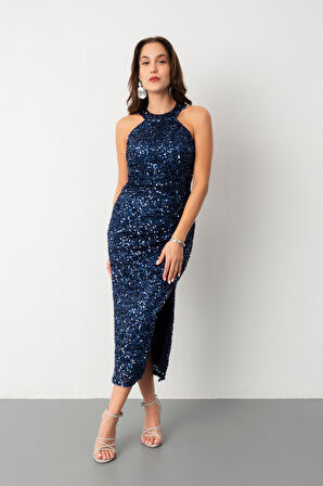 Kadın Lacivert Halter Yaka Payetli Abiye Elbise