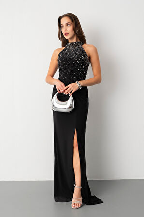 Kadın Siyah Halter Yaka Taşlı Uzun Abiye Elbise