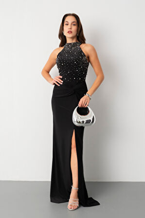 Kadın Siyah Halter Yaka Taşlı Uzun Abiye Elbise